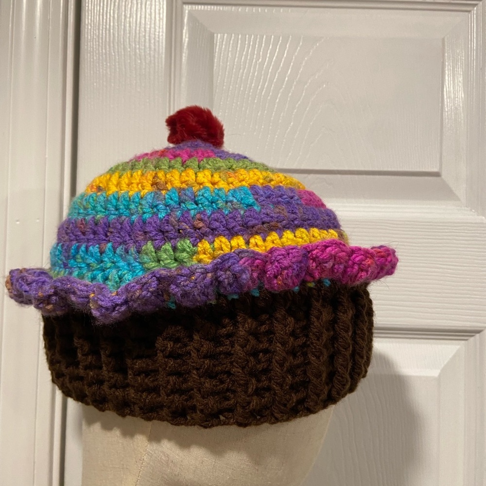 Handmade Crochet Rainbow Chocolate Cupcake Beanie Winter Hat Cozy Comfy Warm - Picture 2 of 5